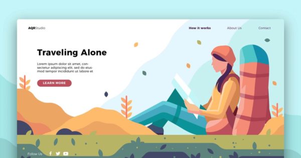 户外旅行概念插画精选网站Banner＆落地页设计模板 Traveling Alone – Banner & Landing Page