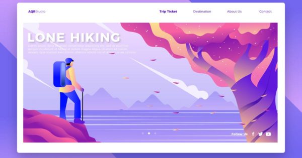 远足徒步旅行者概念插画精选网站Banner＆落地页模板 Hiker – Banner & Landing Page