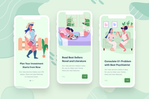 女性学习与社交主题APP应用启动页矢量插画设计精选素材 Women’s Learn & Socialize