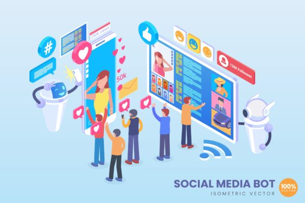 社交媒体机器人社交场景2.5D矢量等距概念插画精选 Isometric Social Media Bot Vector Concept