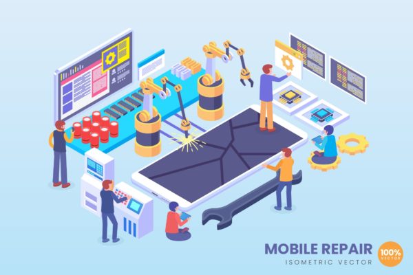 手机维修场景2.5D矢量等距概念插画精选 Isometric Mobile Phone Repair Vector Concept
