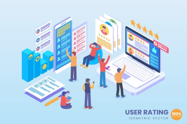 用户评论评分场景2.5D矢量等距概念插画精选 Isometric User Review Vector Concept