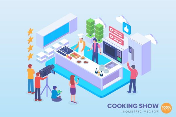 美食直播场景2.5D矢量等距概念插画精选 Isometric Live Cooking Show Vector Concept
