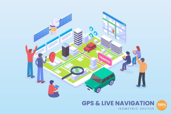 GPS和实时地图导航场景2.5D矢量等距概念插画精选 Isometric GPS & Live Navigation Vector Concept