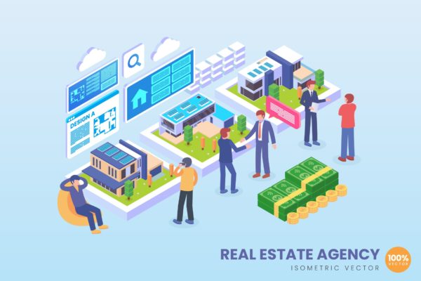 房地产售楼场景2.5D矢量等距概念插画精选 Isometric Real Estate Agency Vector Concept