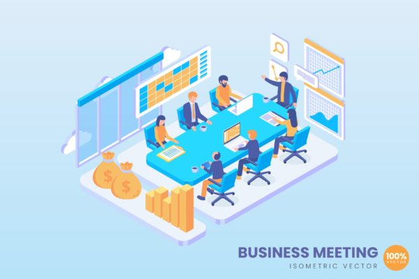 商务会议室场景2.5D矢量等距概念插画精选 Isometric Business Meeting Vector Concept