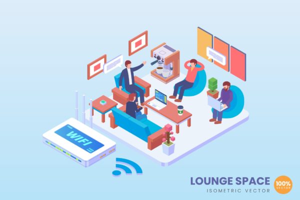 VIP休息室空间场景2.5D矢量等距概念插画精选 Isometric Lounge Space Vector Concept