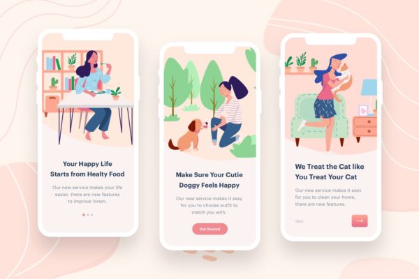 女性吃喝玩乐主题APP应用启动页矢量插画设计精选素材 Women’s Eat & Play Illustration