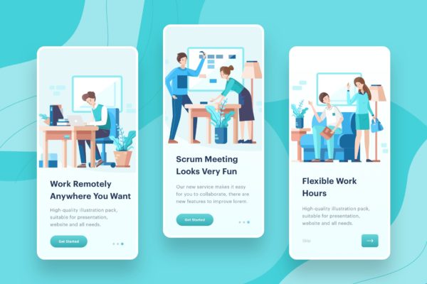 办公场景APP启动页设计矢量插画设计精选 Startup Daily Activity Illustration – Onboarding