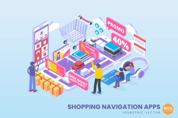 购物导航APP应用2.5D矢量等距概念插画精选 Isometric Shopping Navigation Apps Vector Concept