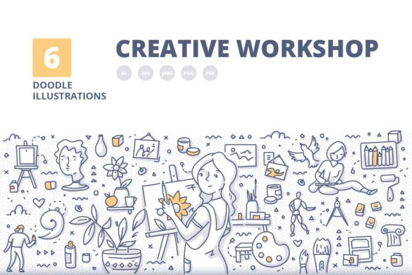 6个创意工作室涂鸦概念插画精选素材 6 Creative Workshop Doodle Illustration Concepts