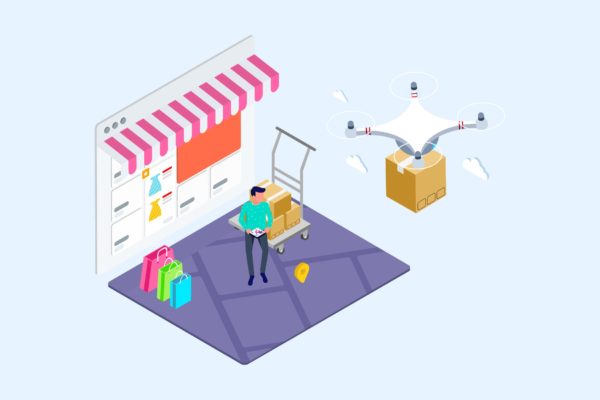 无人机快递配送场景2.5D等距概念矢量插画设计精选v1 Drones Delivery Isometric Illustration – T2