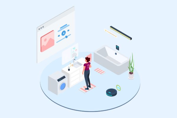 家庭智能音响系统场景2.5D等距概念矢量插画设计精选v1 Smart Echo Isometric Illustration – T2