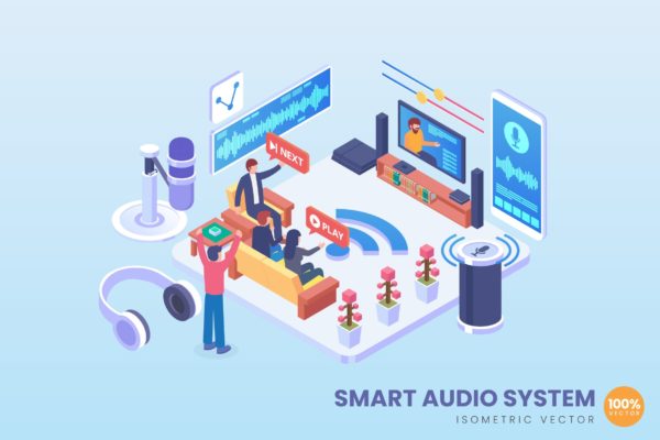 智能音频系统场景2.5D等距概念矢量插画设计精选 Isometric Smart Audio System Vector Concept