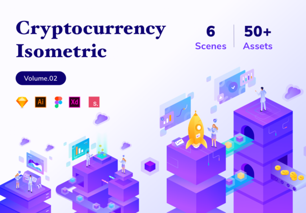 蚂蚁素材下午茶：2.5D金融货币区块链加密货币技术相关的概念插画精选素材文件[Sketch,Ai,XD]