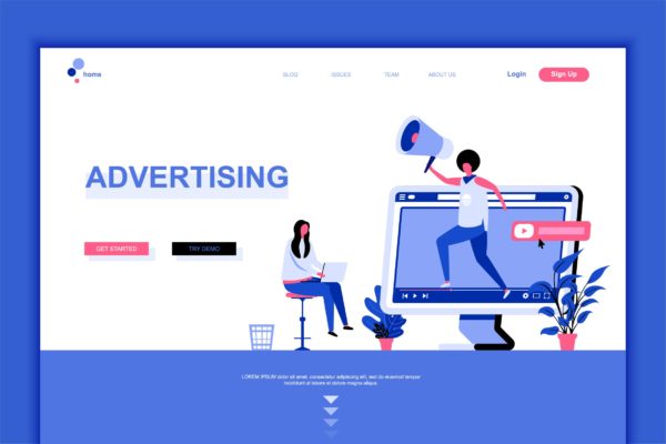 广告营销主题网站设计矢量插画设计精选素材 Advertising Flat Landing Page Template