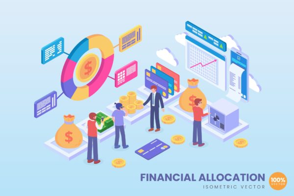 财产分配金融服务场景2.5D等距概念矢量插画设计精选 Isometric Financial Allocation Vector Concept