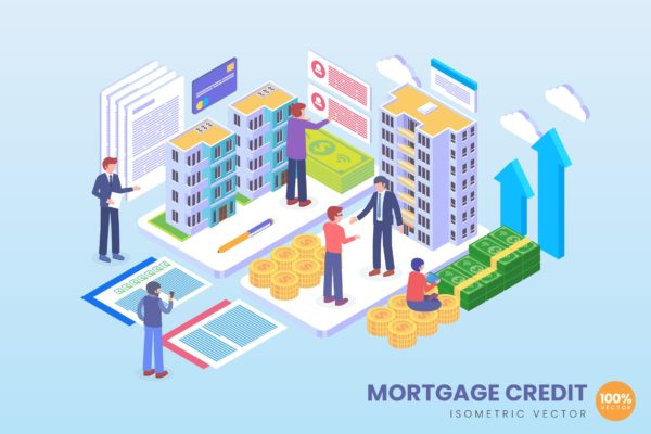 抵押信贷金融服务场景2.5D等距概念矢量插画设计精选 Isometric Mortgage Credit Vector Concept