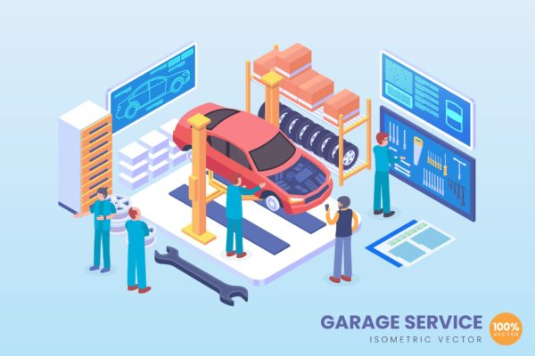 汽车维修检测场景2.5D等距概念矢量插画设计精选 Isometric Automobile Garage Service Vector Concept