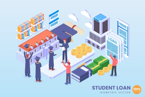 学生贷款金融场景2.5D等距概念矢量插画设计精选 Isometric Student Loan Vector Concept