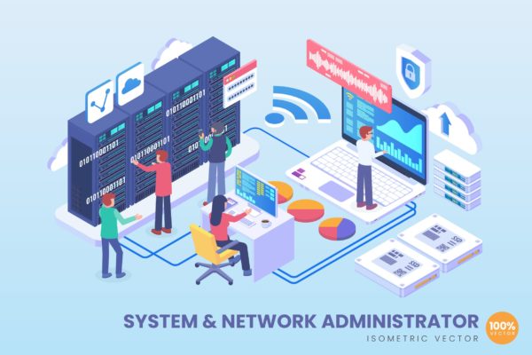 系统与网络管理主题2.5D矢量等距概念插画精选 Isometric System & Network Administrator Vector