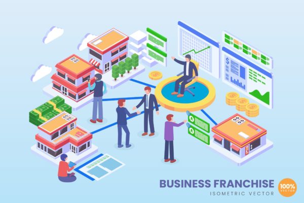 商业特许经营主题2.5D矢量等距概念插画精选 Isometric Business Franchise Vector Concept