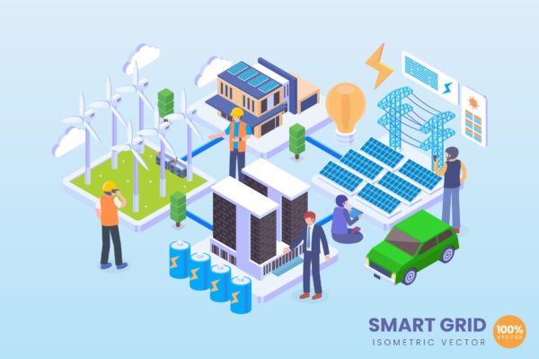 智能电网主题2.5D矢量等距概念插画精选 Isometric Smart Grid Electricity Vector Concept