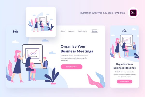 企业会议主页矢量概念插画精选设计素材[XD&SVG] Vela meeting illustration (Adobe XD, SVG)