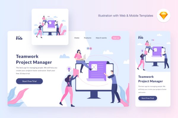 团队合作矢量概念插画精选素材[SKETCH&SVG] Vela teamwork illustration (Sketch, SVG)