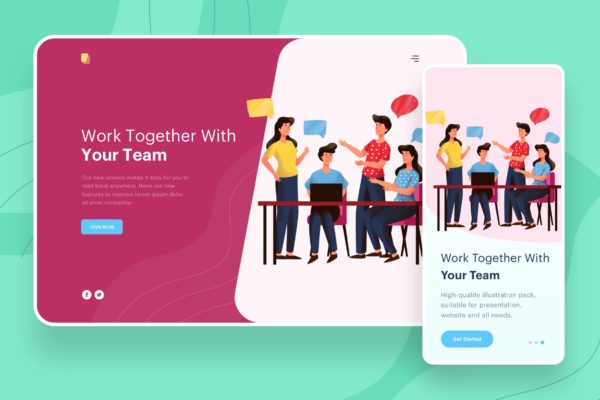 团队协作主题网站设计矢量插画设计精选素材 Work Together With Team – Website Header