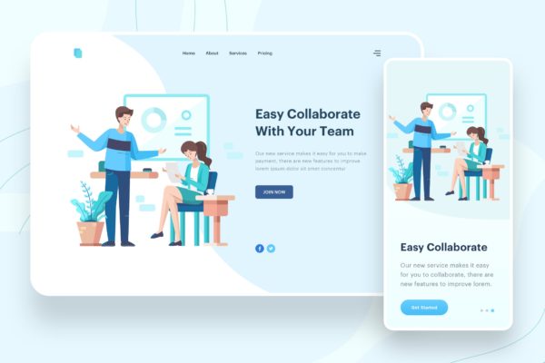 协作平台网站矢量概念插画精选素材 Easy Collaborate Illustration – Website Header