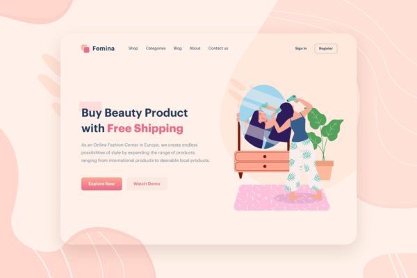 美容产品营销网站矢量插画设计精选设计模板精选素材 Beauty Product Illustration – Website Header