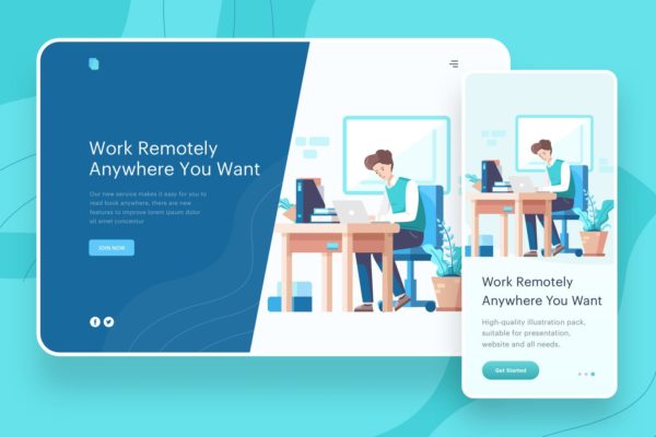 远程办公主题网站矢量插画设计精选设计模板精选素材 Work Remotely Anywhere – Website Header