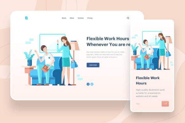 弹性工作时间主题APP&Web矢量插画设计精选 Flexible Work Hours Illustration – Website Header