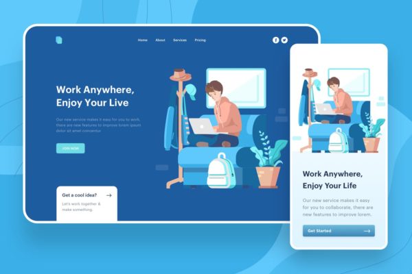 移动办公主题网站矢量插画设计精选素材 Work Anywhere Illustration – Website Header