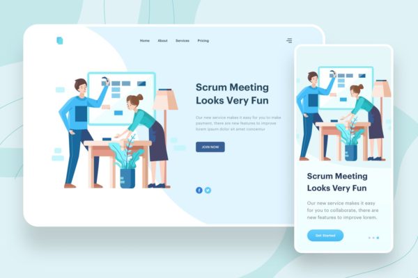每日站会主题APP&Web矢量插画设计精选 Scrum Meeting Illustration – Website Header