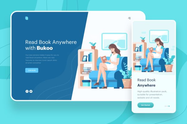 随身阅读主题网站矢量插画设计精选素材 Read Book Anywhere Illustration – Website Header