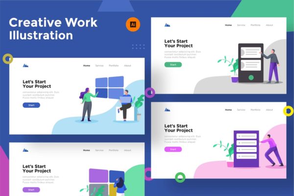 创意办公空间主题网站矢量插画设计精选素材 Creative Work Illustration for Website