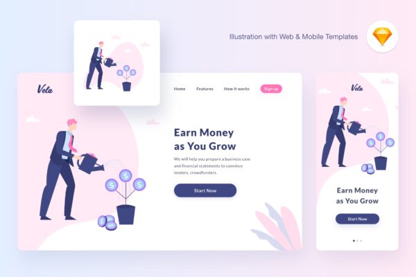 佣金计划矢量概念插画精选素材[SKETCH&SVG] Vela growing illustration (Sketch, SVG)