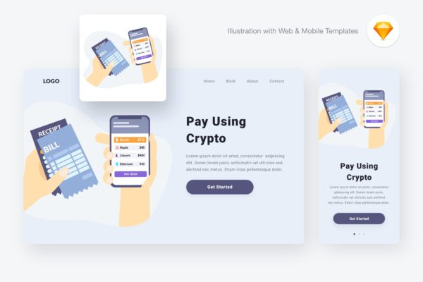 加密货币支付概念插画精选素材[SKETCH&SVG] Paying via cryptocurrencies (Sketch, SVG)