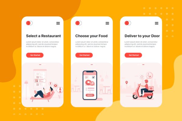 美食外卖点餐APP应用引导页设计模板 On boarding screens for Food Delivery service app