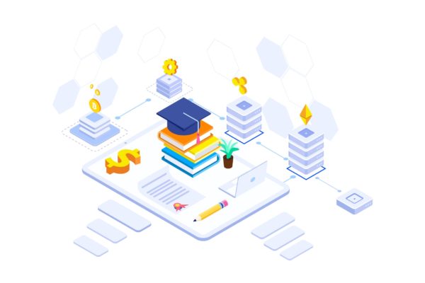 教育基金区块链平台等距概念插画精选v2 Education Fund Blockchain Platform Isometric – FV