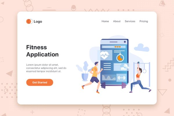 健身运动APP主题网站首页设计概念插画精选 Fitness App flat concept for Landing page