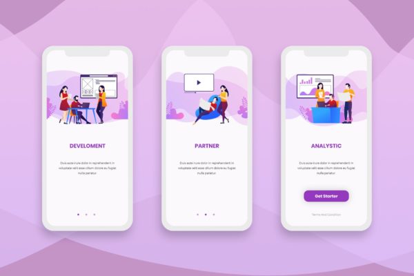 创业场景插画APP应用启动页设计模板 Onboarding Screens Mobile App