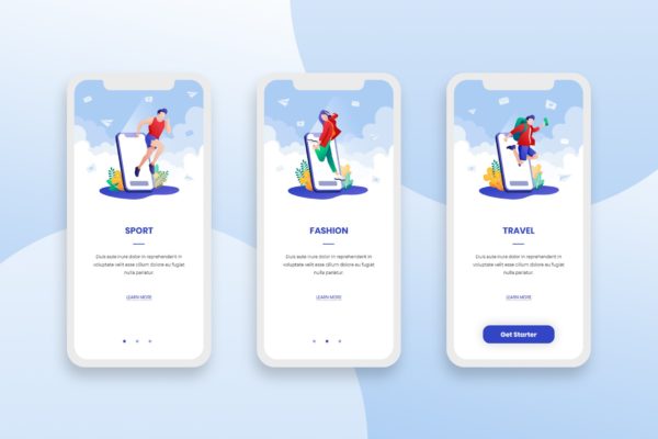 运动/旅游/时尚多主题插画APP应用启动页设计模板 Onboarding Screens Mobile App