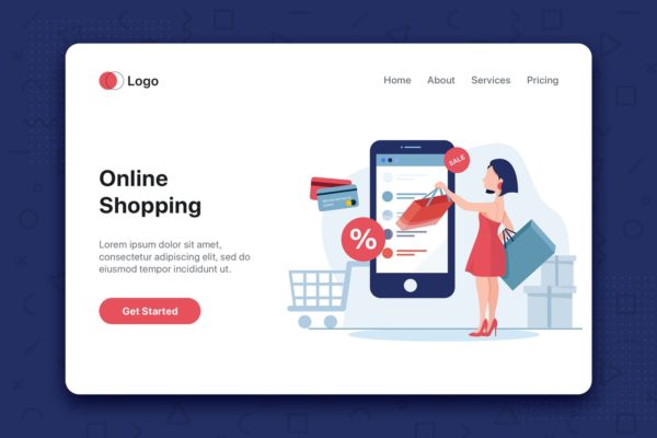 电子商务主题网站首页设计概念插画精选 Young woman shop online using smartphone