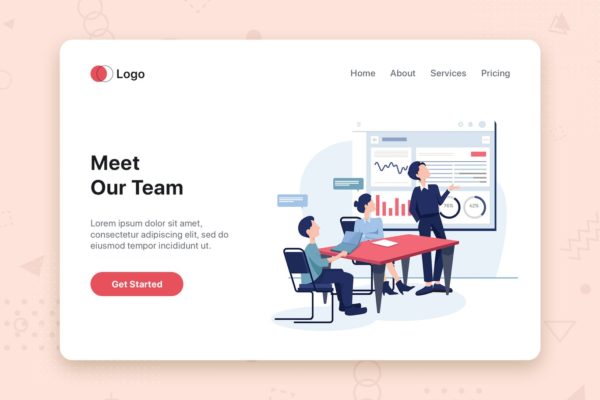 工作汇报会议主题网站首页设计概念插画精选 Meet our team flat web template for Landing page