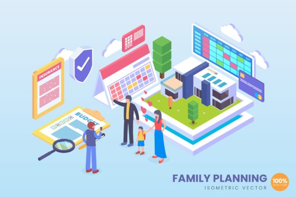 家庭未来规划主题等距概念矢量插画设计精选 Isometric Future Family Planing Vector Concept