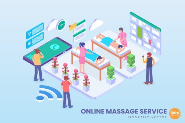 按摩预约服务主题等距概念矢量插画设计精选 Isometric Online Massage Service Vector Concept