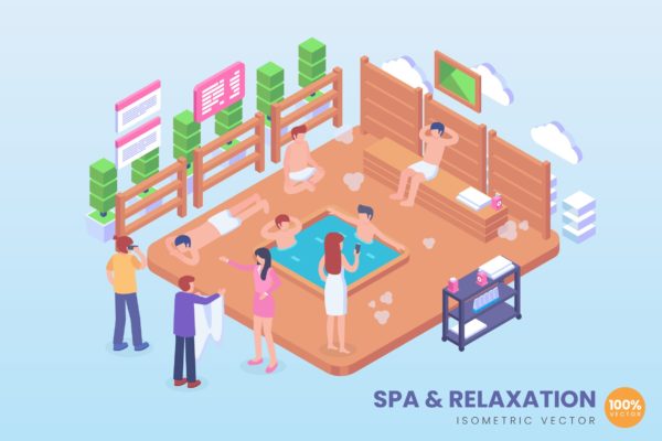 温泉SPA场景等距概念矢量插画设计精选 Isometric Spa & Relaxation Hot Pool Vector Concept